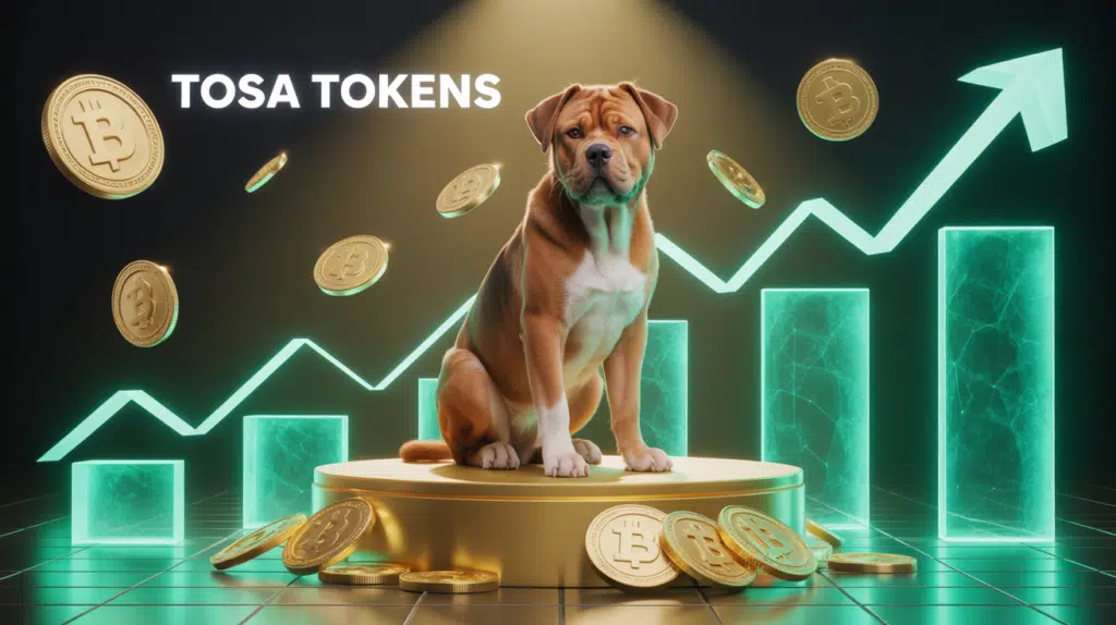 Tosa tokens dog on golden crypto throne with blockchain symbols