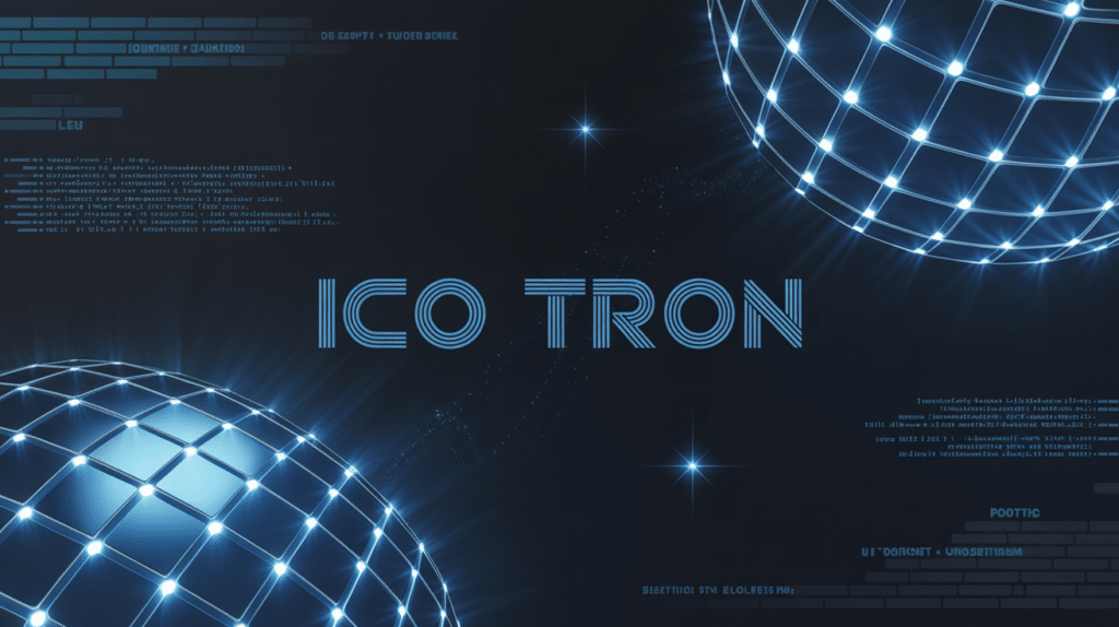 Visuel ICO TRON avec blocs blockchain lumineux et planète technologique