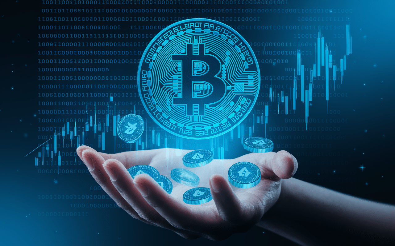 Représentation ICO TRON avec jetons lumineux et mains investisseurs