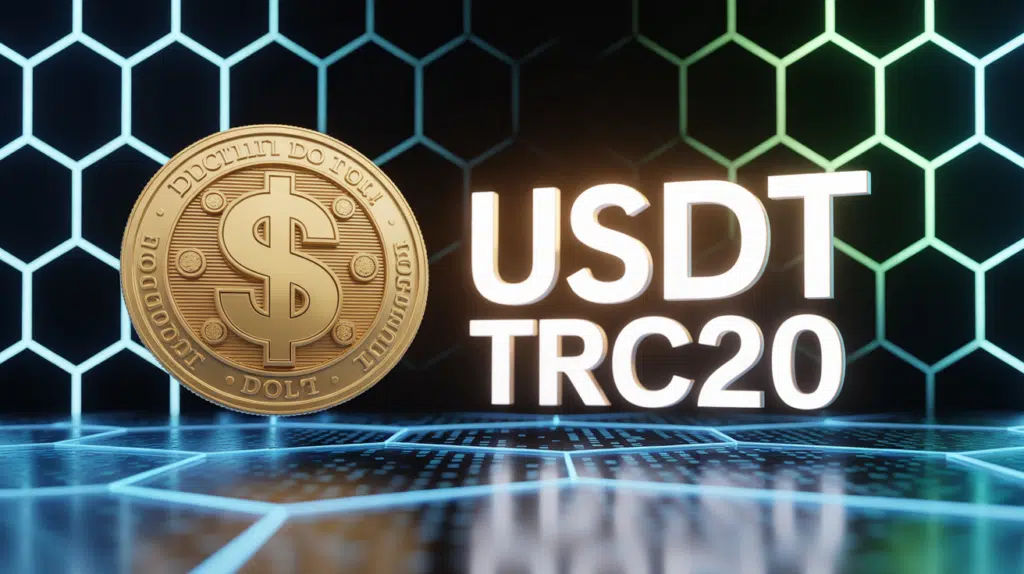 Représentation 3D USDT TRC20 avec pièce dollar et blockchain