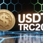 Représentation 3D USDT TRC20 avec pièce dollar et blockchain